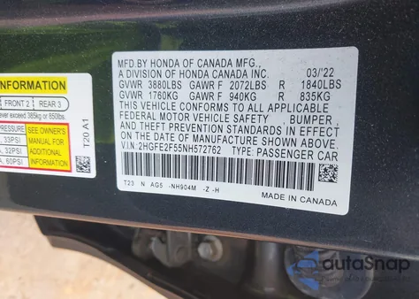 2022 Honda Civic Sport z USA, uszkodzony, nr VIN 2HGFE2F55NH572762